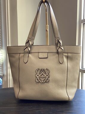 Loewe Fusta Beige Pebbled Leather Anagram Tote